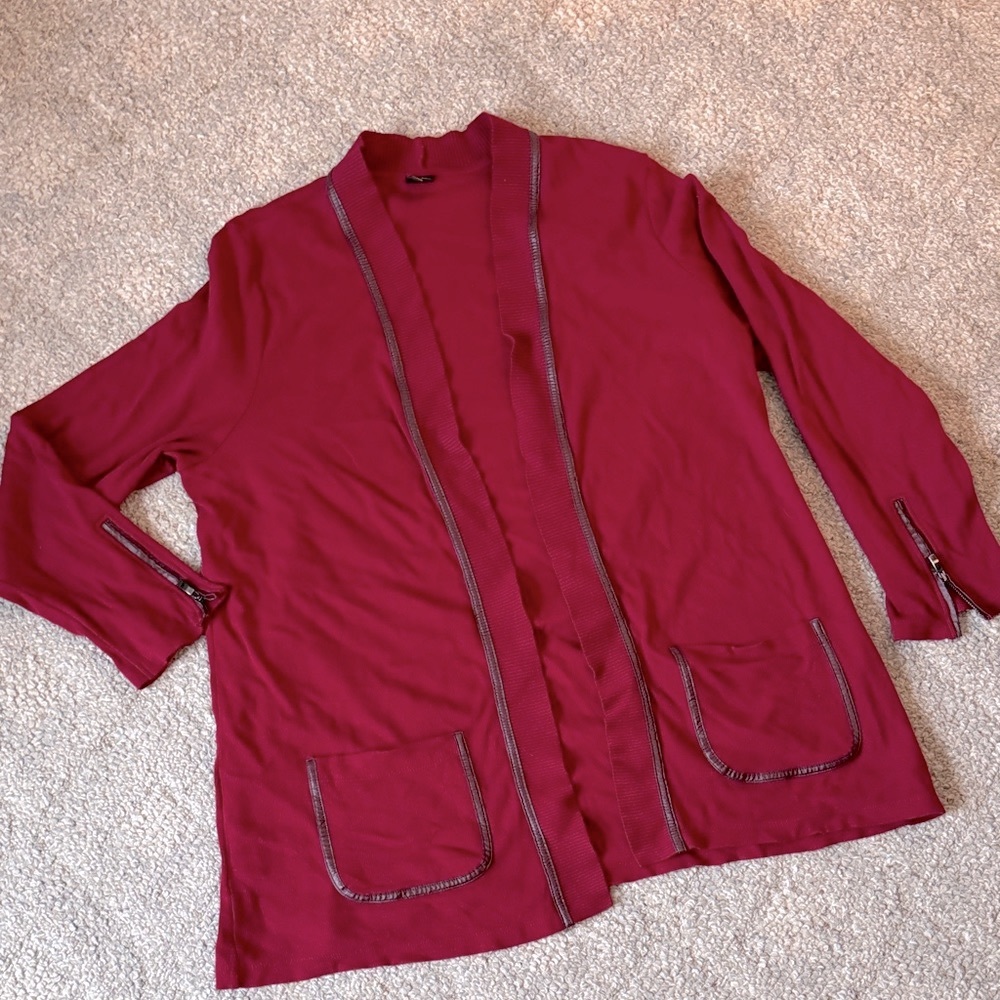 Women's Red Cardigan Sweater with leather detail at collar, sleeves and pockets